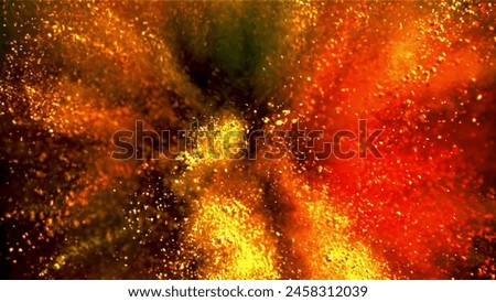 The image depicts a fiery explosion with swirling orange and green particles, possibly indicating a volcanic eruption. Royalty-Free Stock Photo #2458312039
