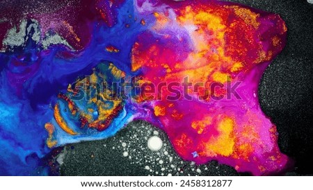 The painting depicts a vibrant scene with a mix of blue, orange, and yellow hues, possibly representing a summer day or a warm climate. Royalty-Free Stock Photo #2458312877