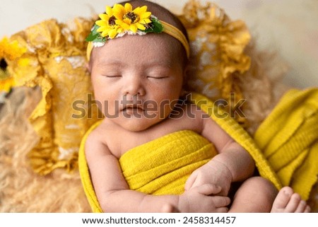 Beautiful new born Asian baby girl wrapped in flower photo props and yellow shawl.
Probolinggo, Indonesia - September 30, 2022.