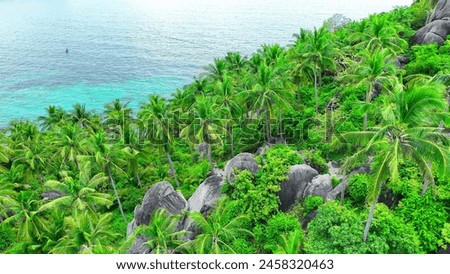 Verdant woodlands fringe the shore, where striking rock features contrast with the tranquil azure of the sea. Aerial view from drone. Tao island, Surat Thani Province, Southern Thailand. 
