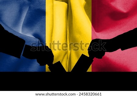 Chad flag and election voting silhouette composition. Circumstances and results of the election. Basemap and background concept. Double exposure hologram. Royalty-Free Stock Photo #2458320661