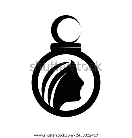 Beauty perfume logo design with a woman's face in the negative space on the perfume bottle. Suitable for beauty perfume, spa, massage, cosmetics and beauty concepts with perfume bottles. 