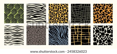 Animal patterns. Seamless print of wild fur skin leather, tiger leopard cheetah zebra giraffe python texture, zoo wildlife background. Vector texture set. Exotic striped and spotted design