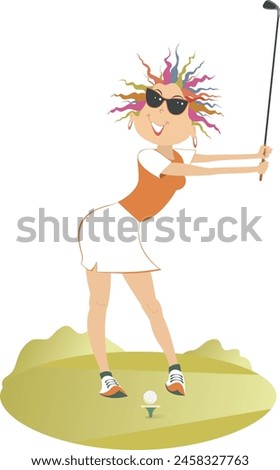 Golfer woman on the golf course. 
Golf course. Young golfer woman aiming to do a good shot. Isolated on white background
