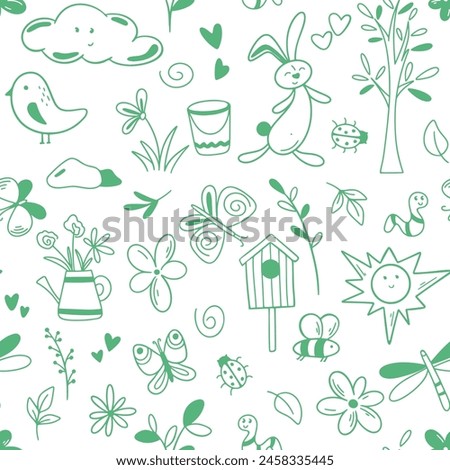 Spring summer attributes doodle background. Seamless pattern with flowers, herbs, bird, bunny, sun, tree, bee. Hand drawn baby natural print for textile, packaging, paper, design, vector graphics