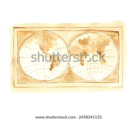 watercolor old textured world map, vintage brown and beige map with continents, illustration of antique geography and cartography tool isolated on white background, for historical picture