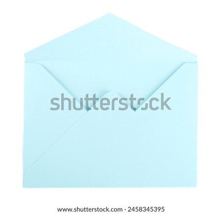 Open light blue letter envelope isolated on white, top view