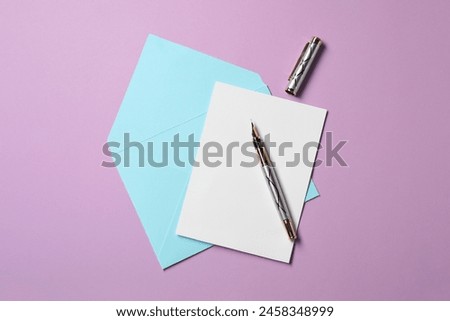 Blank sheet of paper, letter envelope and pen on violet background, top view