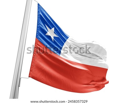 Chile waving flag with mast on white background with cutout path.