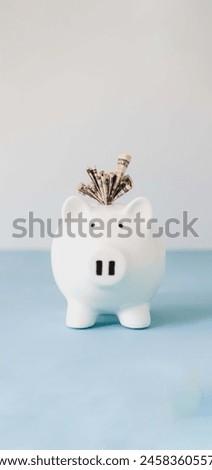 Piggy bank with coins, A photo of Saving Cash In Bank.