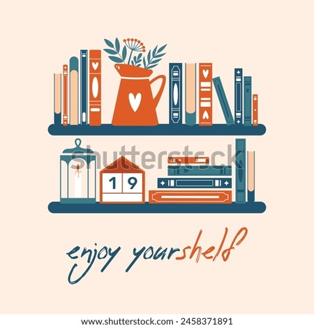 Enjoy yourshelf. Happy Birthday to bookworm, book lover. Cute illustration with bookshelf, stack of books, plants. Creative clip art for sticker, banner, card, poster. Flat design.	