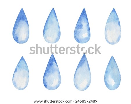Watercolor set of illustrations. Hand painted blue and white drops of water. Rainy day. Raindrops, droplet, shower, dew. Teardrops. Saliva. Sea, ocean, sky. Isolated nature clip art elements