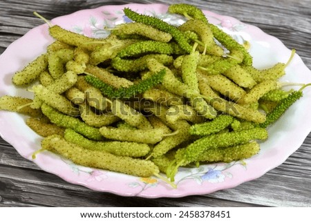 White Shahtoot Mulberry fruits, Long Morus nigra or alba edible fruit, Called also toot, superior mulberries, Morus is a genus of 10–16 species of trees, native to warm regions of Asia and Africa Royalty-Free Stock Photo #2458378451