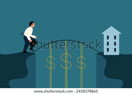 Bridge Loans For Real Estate Investors. Businessman Crossing the Dollar Bridge to Financial Goals or Loans. Vector Busimess Illustration