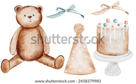 Happy Birthday Watercolor set. Hand drawn festive elements teddy bear, cake on stand, cap and bows. Clip art isolated on white background in neutral colors. Ideal for cards, invitations and birthday
