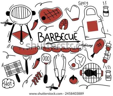 Barbecue grill hand-drawn outline doodle Set. BBQ Vector Illustration Barbecue party Sketch. Barbeque tools charcoal firewood and products hand drawing red black and white 