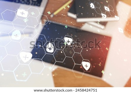 Creative concept of abstract medical illustration and modern digital tablet on background, top view. Medicine and healthcare concept. Multiexposure