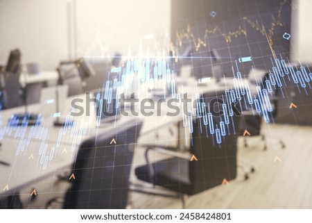 Double exposure of abstract creative financial diagram and world map on a modern furnished office interior background, banking and accounting concept