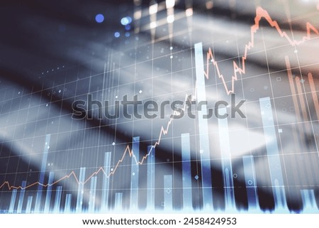 Multi exposure of virtual creative financial chart hologram on blurry metal background, research and analytics concept