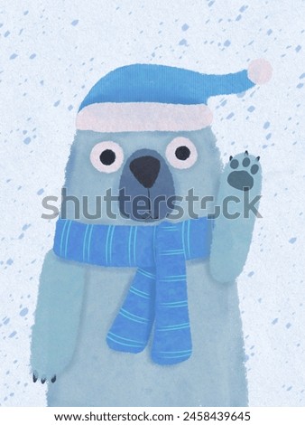 A greyish blueish bear wearing a blue hat and a blue shawl waving goodbye  Royalty-Free Stock Photo #2458439645