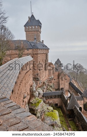 Alsace, December: View from the wall of the Haut-Koenigsbourg castle over the Alsatian panorama and vineyards up to the Black Forest
