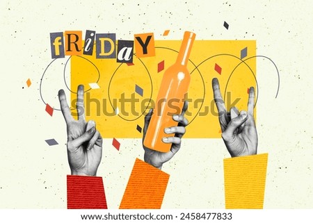 Creative picture collage human hands party celebration friday alcoholic beverage drinks cheers drawing background peace sign two fingers