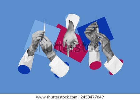 Creative collage human 3d hands body fragments needle injection gloves medical healthcare hospital virus prevention drawing background