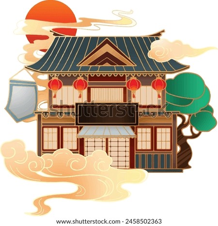Ancient two-story building with lanterns and plants Royalty-Free Stock Photo #2458502363