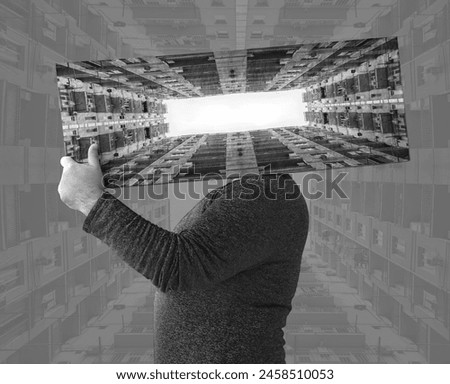 unrecognizable man holding behind head picture with high rise tall building in the form of frame. male bayer seller rentner holding image frame on shoulder. isolated on houses framing background.