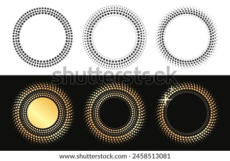 Dotted halftone golden circle and black white round modern dots design frame graphic illustration set, abstract decoration pattern element half tone background image clip art cut out 