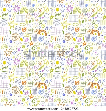 Fun colorful charcoal line doodle seamless pattern. Hand drawn crayon or pencil-drawn shapes and doodles. Simple childish scribble wallpaper, punk style drawings. Vector creative various shapes.