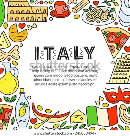 Poster with doodle colorful Italia landmarks and attractions with lettering. Travel concept background.