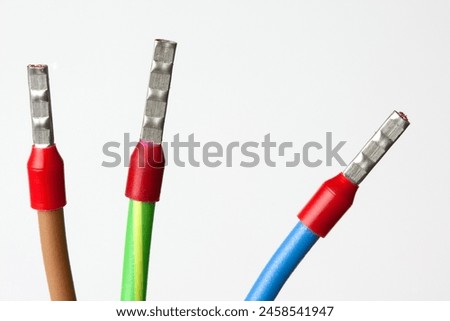 Cables with ferrules, invented in the 1960s, protect the copper conductors in clamp connections from damage. Royalty-Free Stock Photo #2458541947
