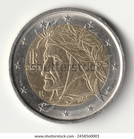 Circulated two euro coin issued by Italy in 2023 depicting the portrait of Dante Alighieri, poet and writer, father of the Italian language. Image isolated on white background.
 Royalty-Free Stock Photo #2458560001