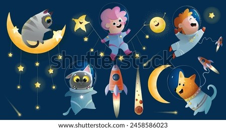 Space travel with kids, dog and cat, golden moon and a star. Boy and girl, animals cosmonaut characters cartoon clip art galaxy for children. Kids clipart space collection.