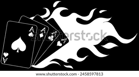 white silhouette of Playing cards arranged in a fan shape. 4 aces on black background