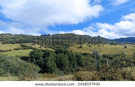 Montañas y arboles verdes acompañado de un cielo azul Royalty-Free Stock Photo #2458597945