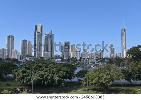 Aerial landscape view of Nerang River and Surfers Paradise skyline the Gold Coast's entertainment and tourism centre. Royalty-Free Stock Photo #2458603385