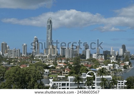 Aerial landscape view of Nerang River and Surfers Paradise skyline the Gold Coast's entertainment and tourism centre. Royalty-Free Stock Photo #2458603567