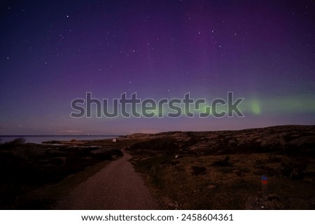 Green and purple Northern lights, Aurora Borealis, over Grosshamn and Skagerrak Sea. Royalty-Free Stock Photo #2458604361