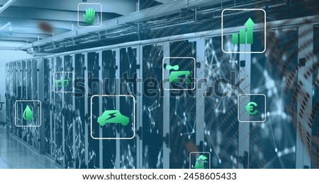 Image of green technology icons and connected dots on data server racks. Digital composite, network security, data center, networking, technology, sustainable, environmental conservation.