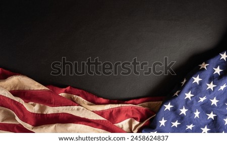 Happy Independence day: 4th of July, American flag on dark stone background.