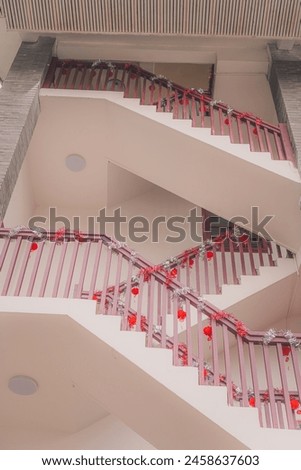 The picture of the stairs going up. Red and white colours, Chongqing city, China