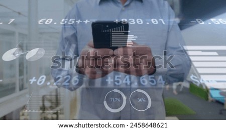 Image of financial data processing over caucasian businessman using smartphone. Global business, networks, connections, computing and data processing concept digitally generated image.
