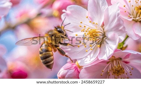 In this captivating image, a honeybee delicately indulges in nature's sweet bounty, drawing nectar from the heart of a vibrant flower. With remarkable precision,the bee navigates the intricate petals
