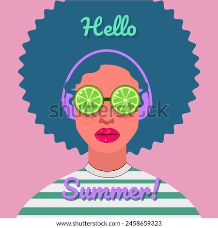 Vector poster hello summer with girl in headphones and glasses