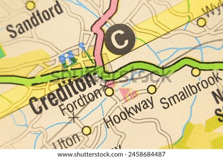 Crediton - Devon, United Kingdom colour atlas map town name pencil sketch