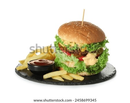 Burger with delicious patty, french fries and sauce isolated on white