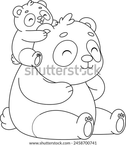 Cute kawaii panda and baby cartoon character coloring page vector illustration. Wild animal, mothers day colouring page for kids