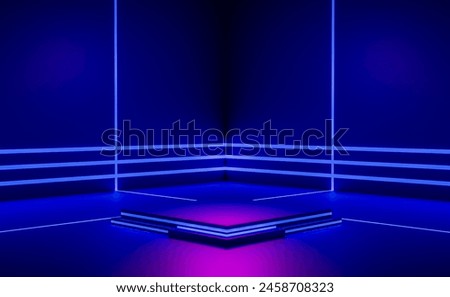 Product podium neon. purple and blue abstract geometric background. Scene for advertising, technology, showcase, game, business, metaverse. Sci-Fi 3d Illustration. Product display
